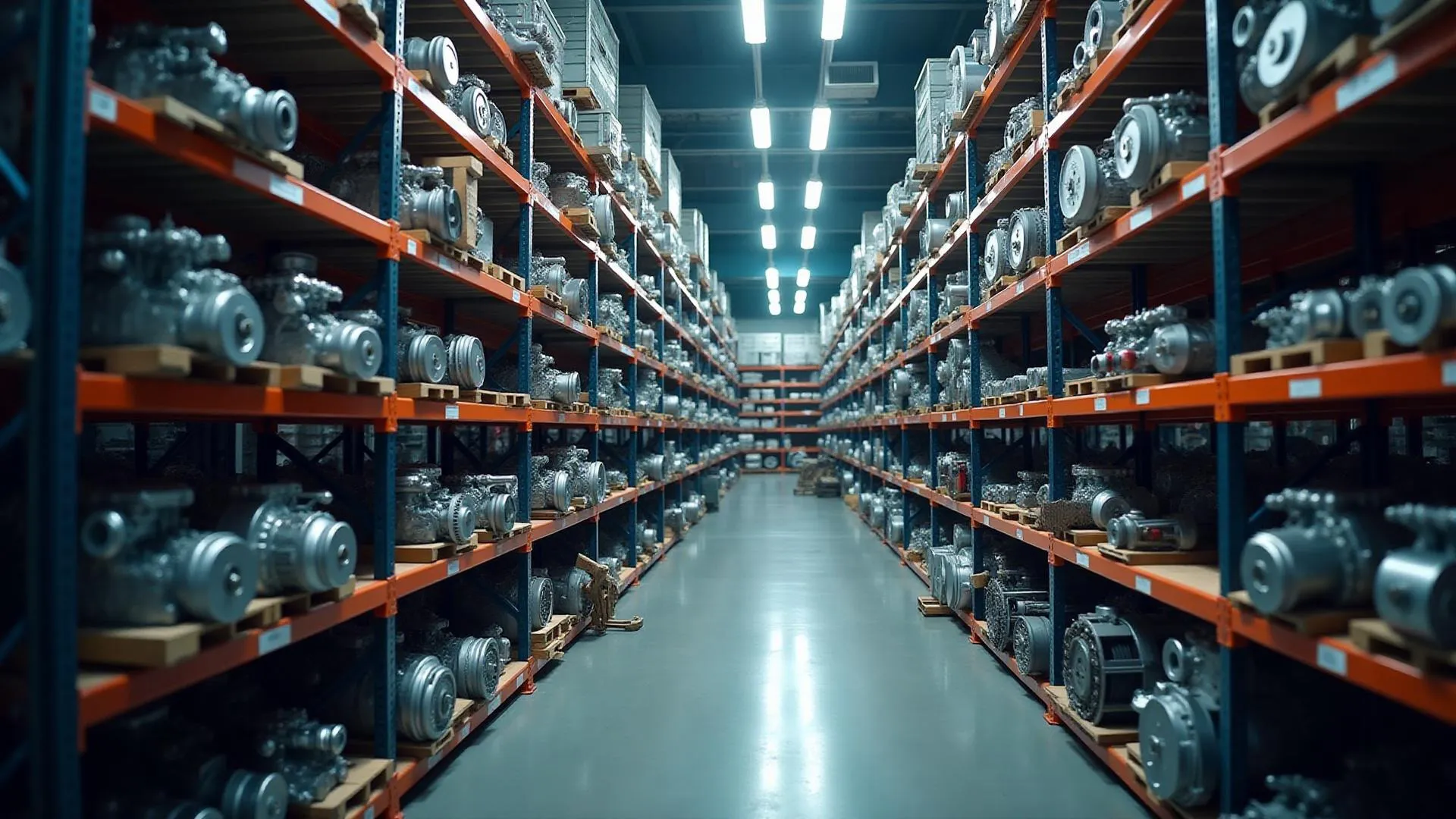Aisles of imported engines in the Home of Engines warehouse